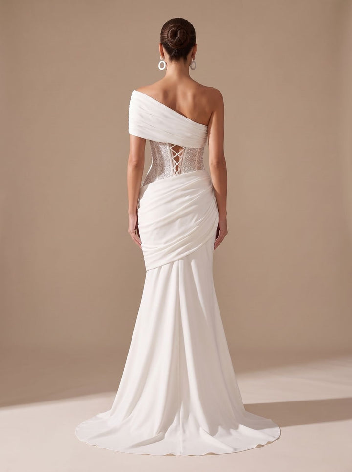 Women's One-Shoulder Sequin Embellished Draped Mermaid Maxi Gown