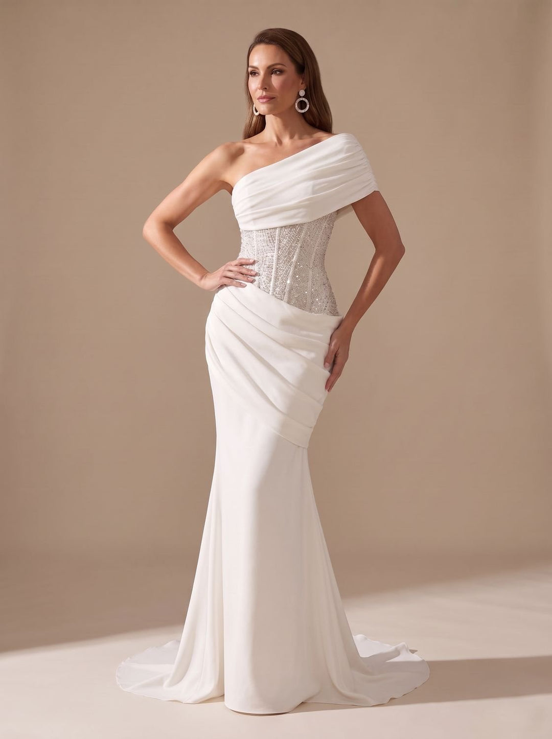 Women's One-Shoulder Sequin Embellished Draped Mermaid Maxi Gown