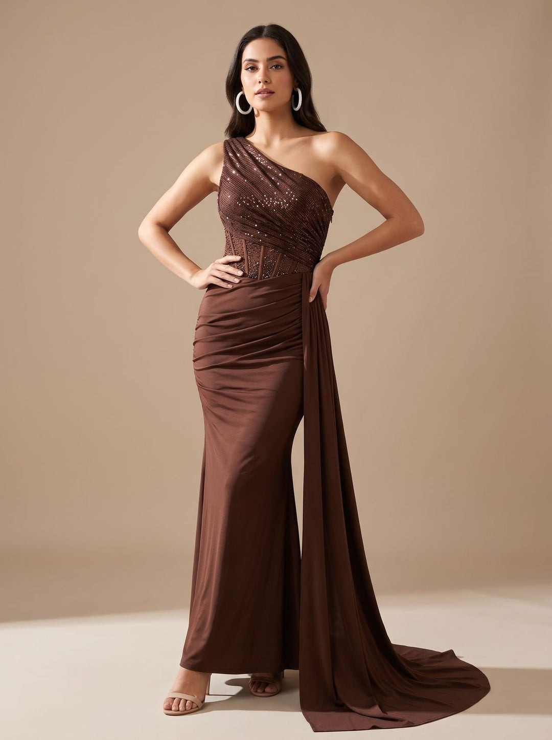 Women's One-Shoulder Sequin Embellished Draped Mermaid Maxi Gown - Dark Brown