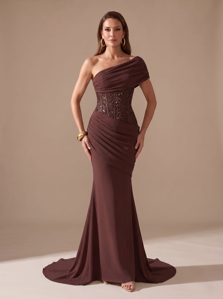 Women's One-Shoulder Sequin Embellished Draped Mermaid Maxi Gown