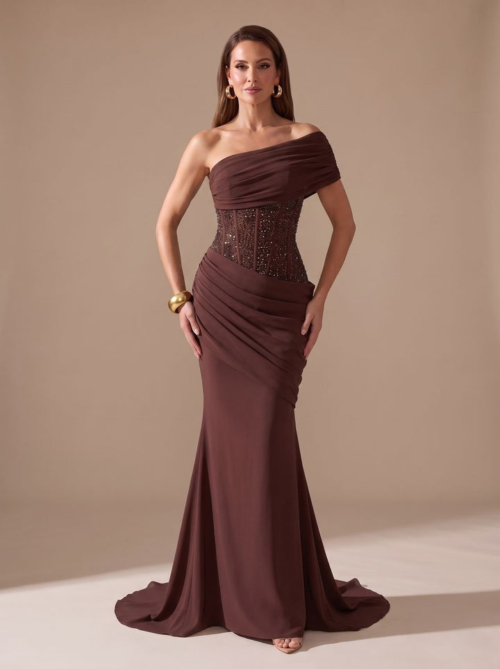 Women's One-Shoulder Sequin Embellished Draped Mermaid Maxi Gown