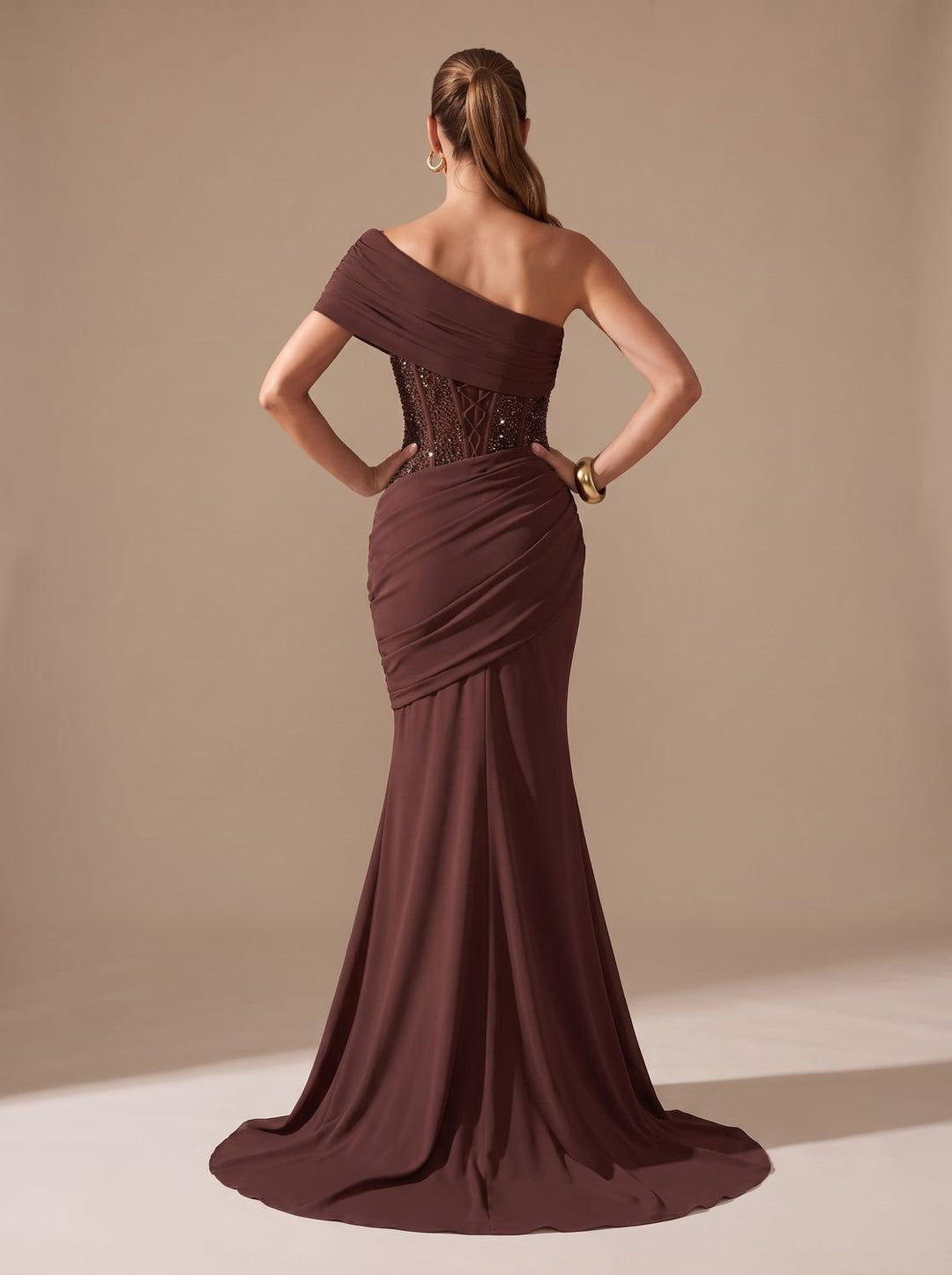 Women's One-Shoulder Sequin Embellished Draped Mermaid Maxi Gown