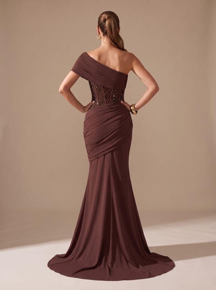 Women's One-Shoulder Sequin Embellished Draped Mermaid Maxi Gown
