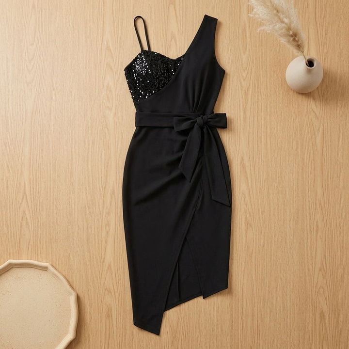 Women's One-Shoulder Sequin Evening Dress Tie-Waist Slit - Black