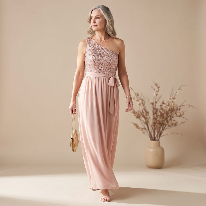 Women's One-Shoulder Sequin Evening Dress Tie-Waist Slit