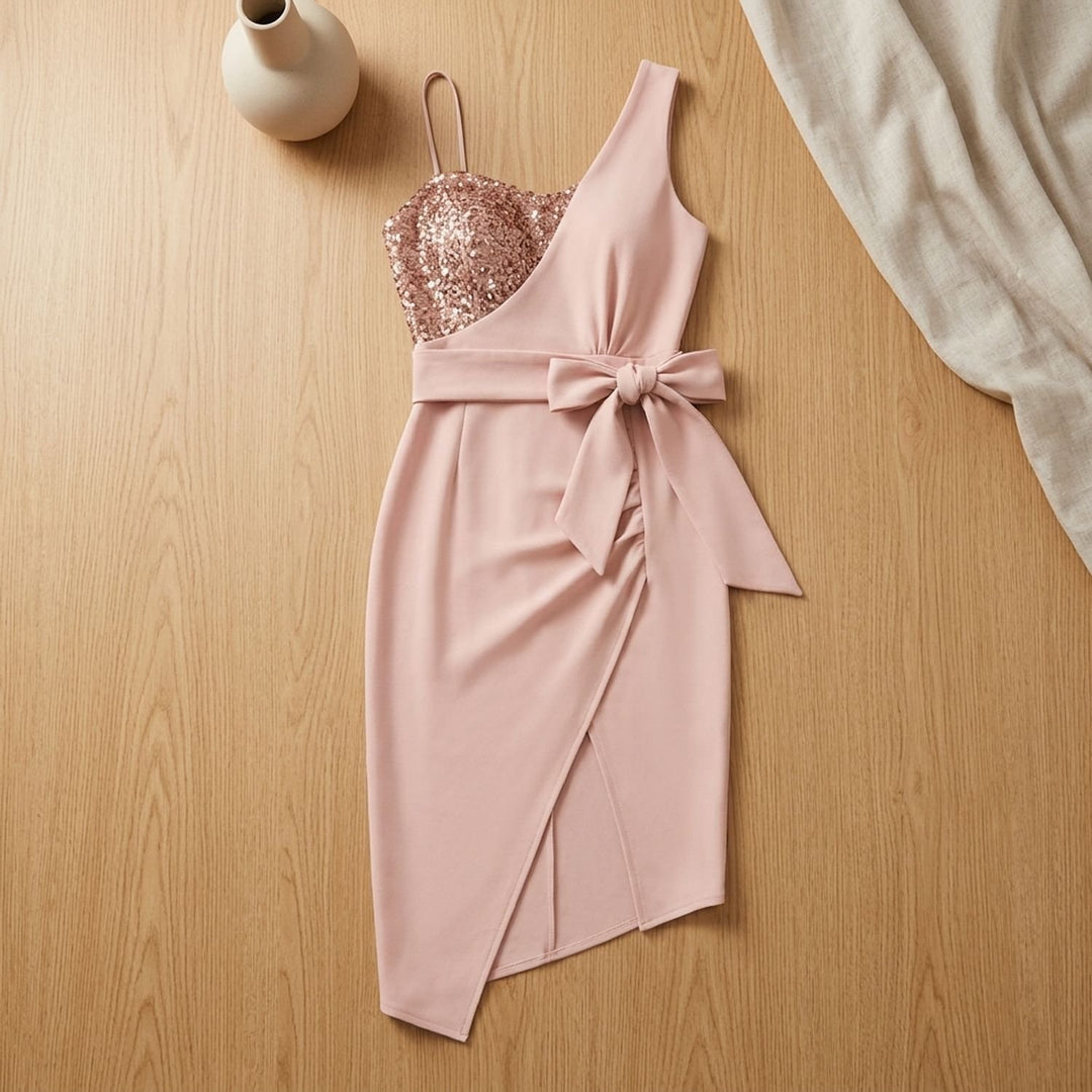 Women's One-Shoulder Sequin Evening Dress Tie-Waist Slit - Pink