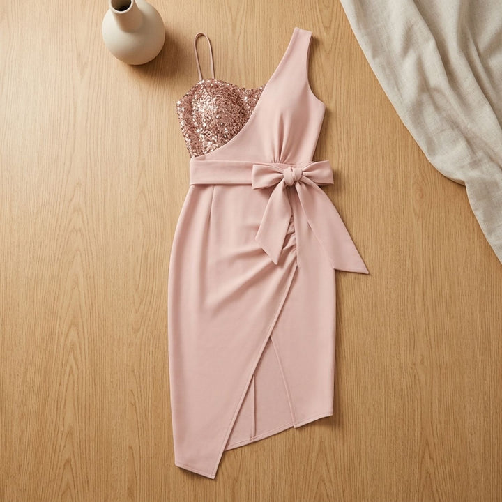 Women's One-Shoulder Sequin Evening Dress Tie-Waist Slit - Pink