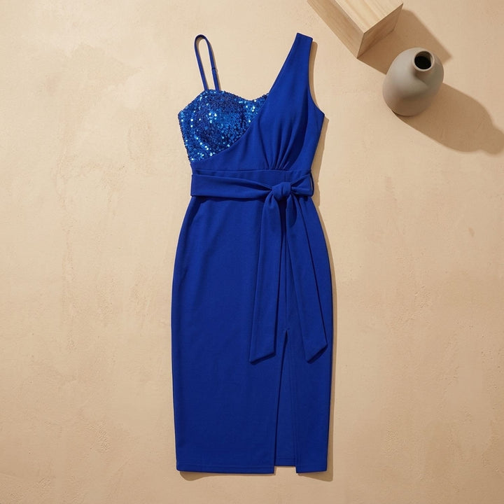 Women's One-Shoulder Sequin Evening Dress Tie-Waist Slit