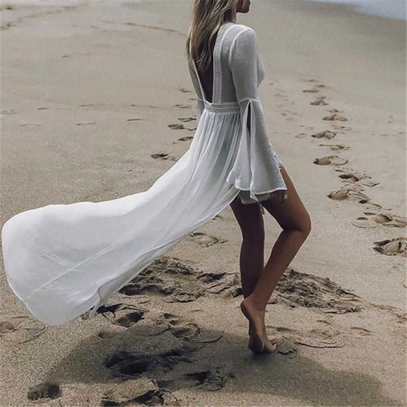 Women's Open-Back Maxi Beach Tunic Flowy Kimono Cover-Up