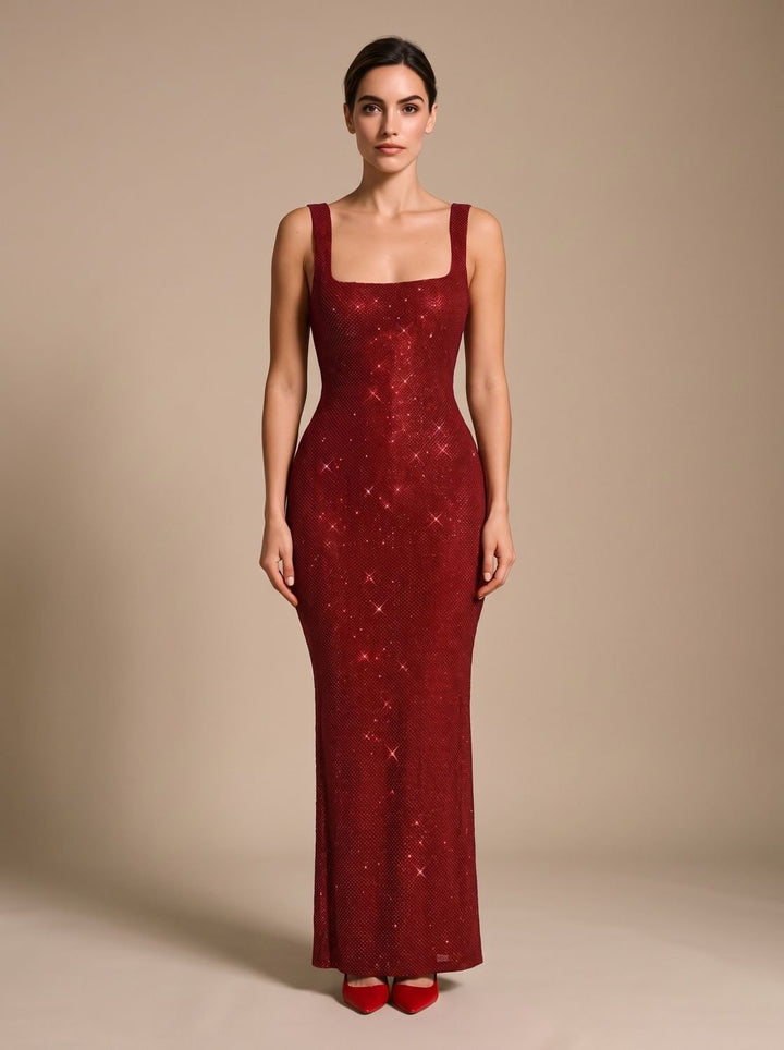 Women's Open-Back Sequin Maxi Dress Square Neck - Red