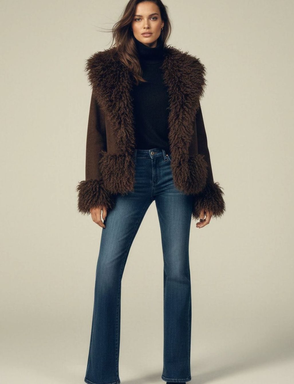 Women's Open-Front Faux Fur Coat Shaggy Trim Winter Jacket - Brown