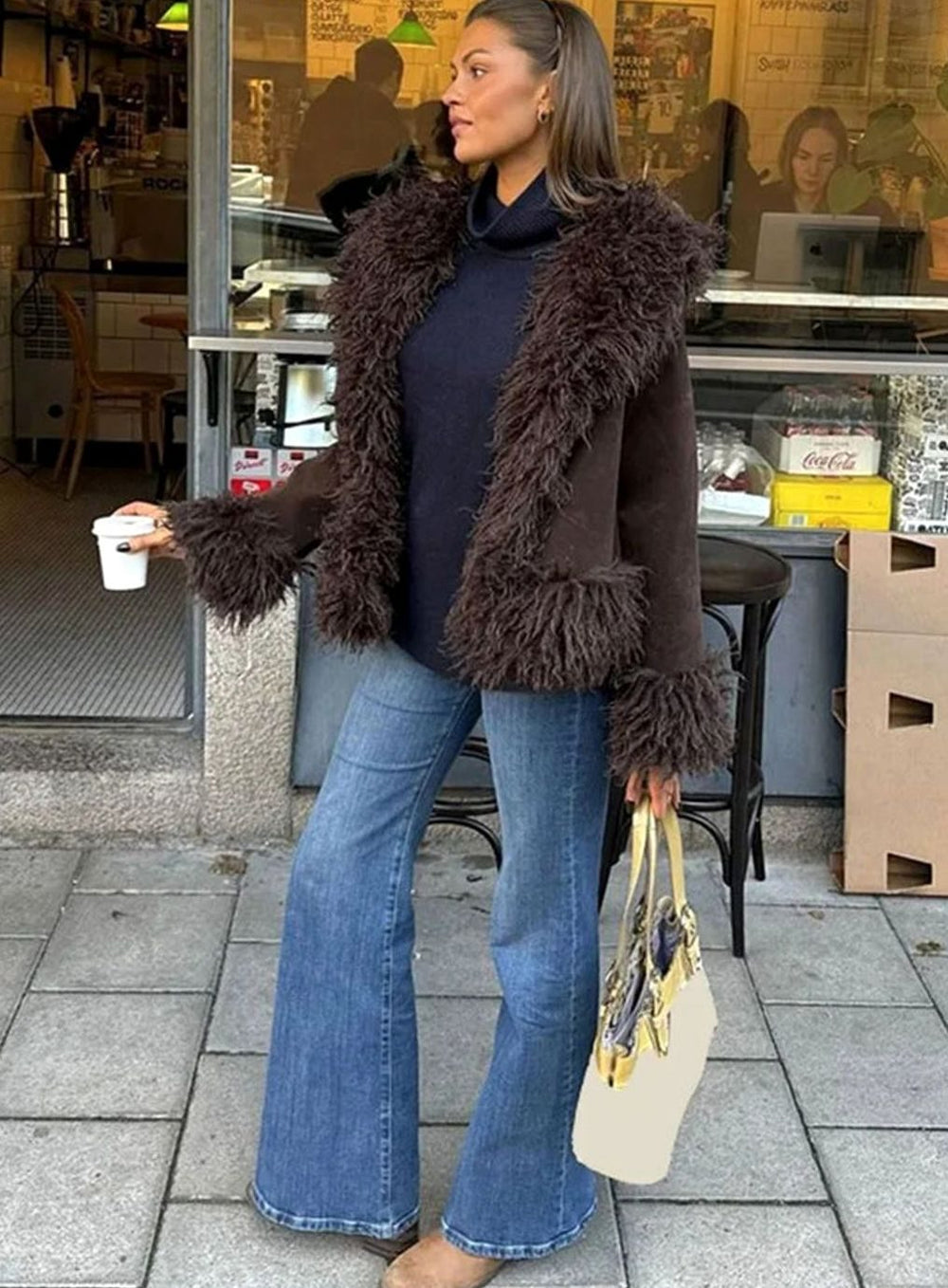 Women's Open-Front Faux Fur Coat Shaggy Trim Winter Jacket