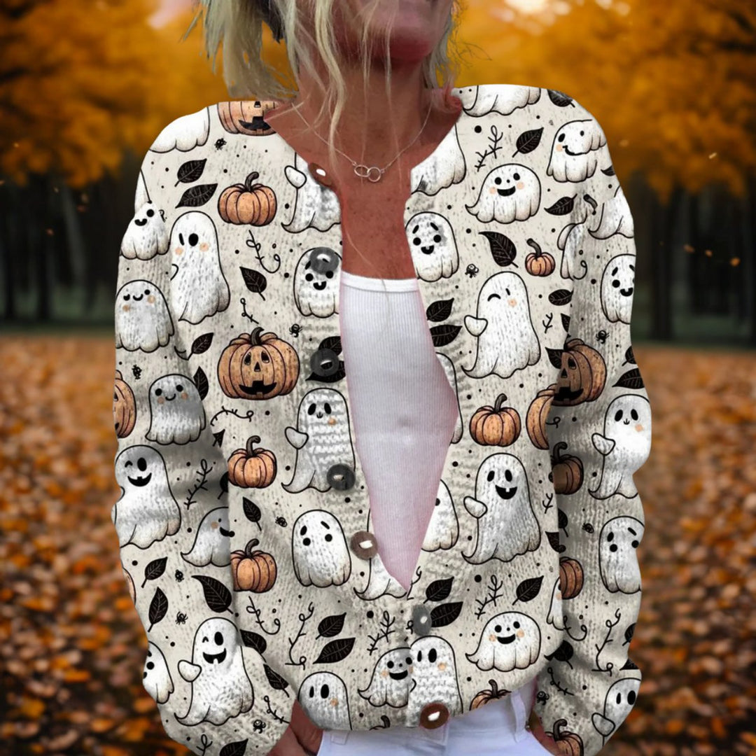 Women's Open-Front Halloween Knit Cardigan Ghost Pumpkin Print - MultiColor