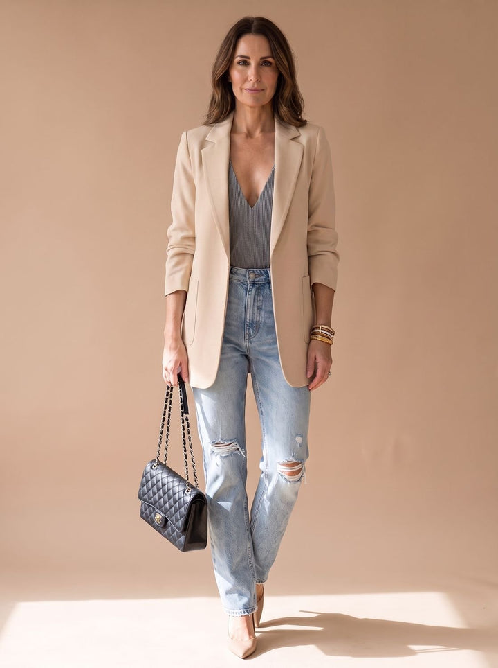 Women's Open-Front Lapel Mid-Length Casual Smart Blazer - Apricot