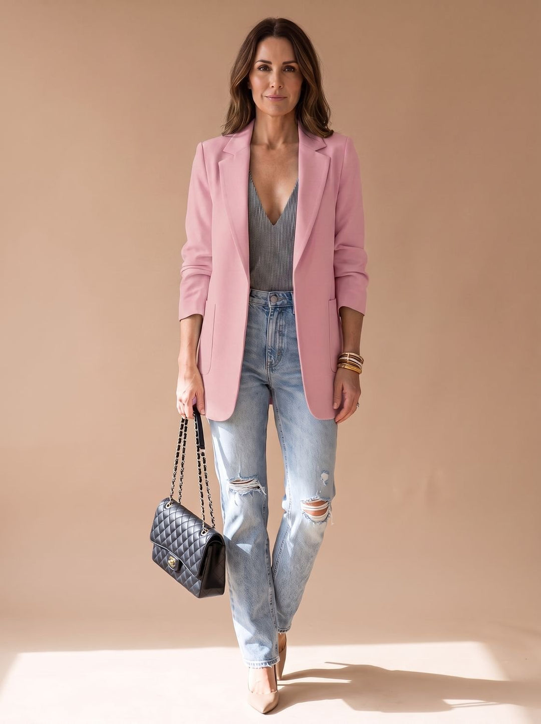 Women's Open-Front Lapel Mid-Length Casual Smart Blazer - Pink