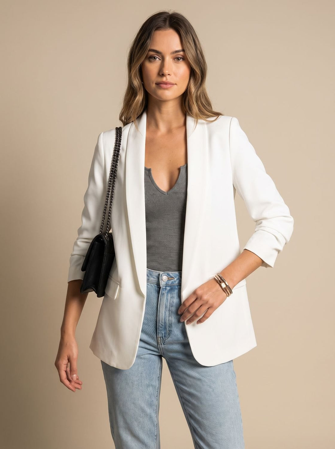 Women's Open-Front Lapel Mid-Length Casual Smart Blazer - White