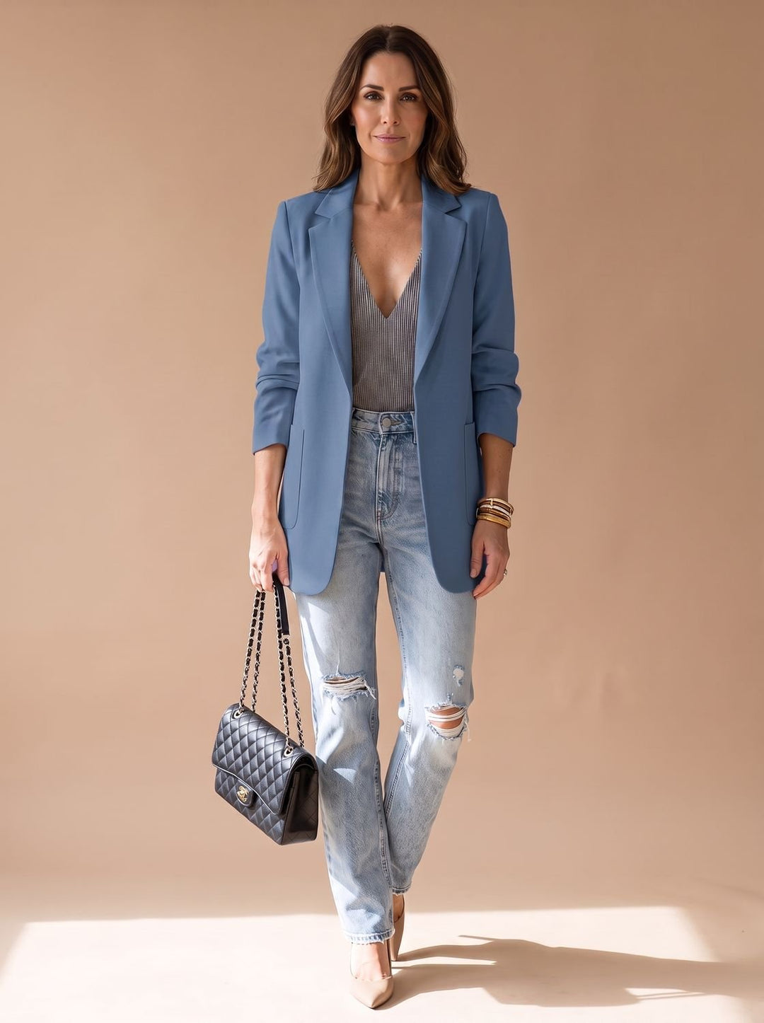 Women's Open-Front Lapel Mid-Length Casual Smart Blazer - Blue