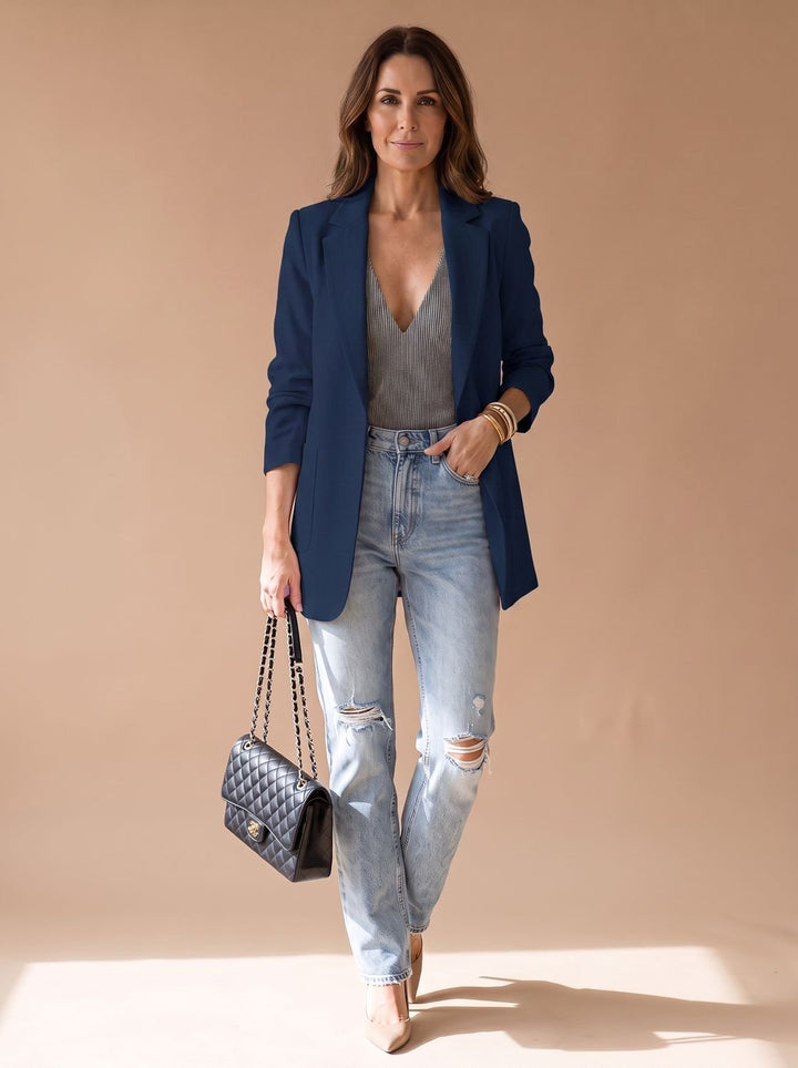 Women's Open-Front Lapel Mid-Length Casual Smart Blazer - Dark Blue