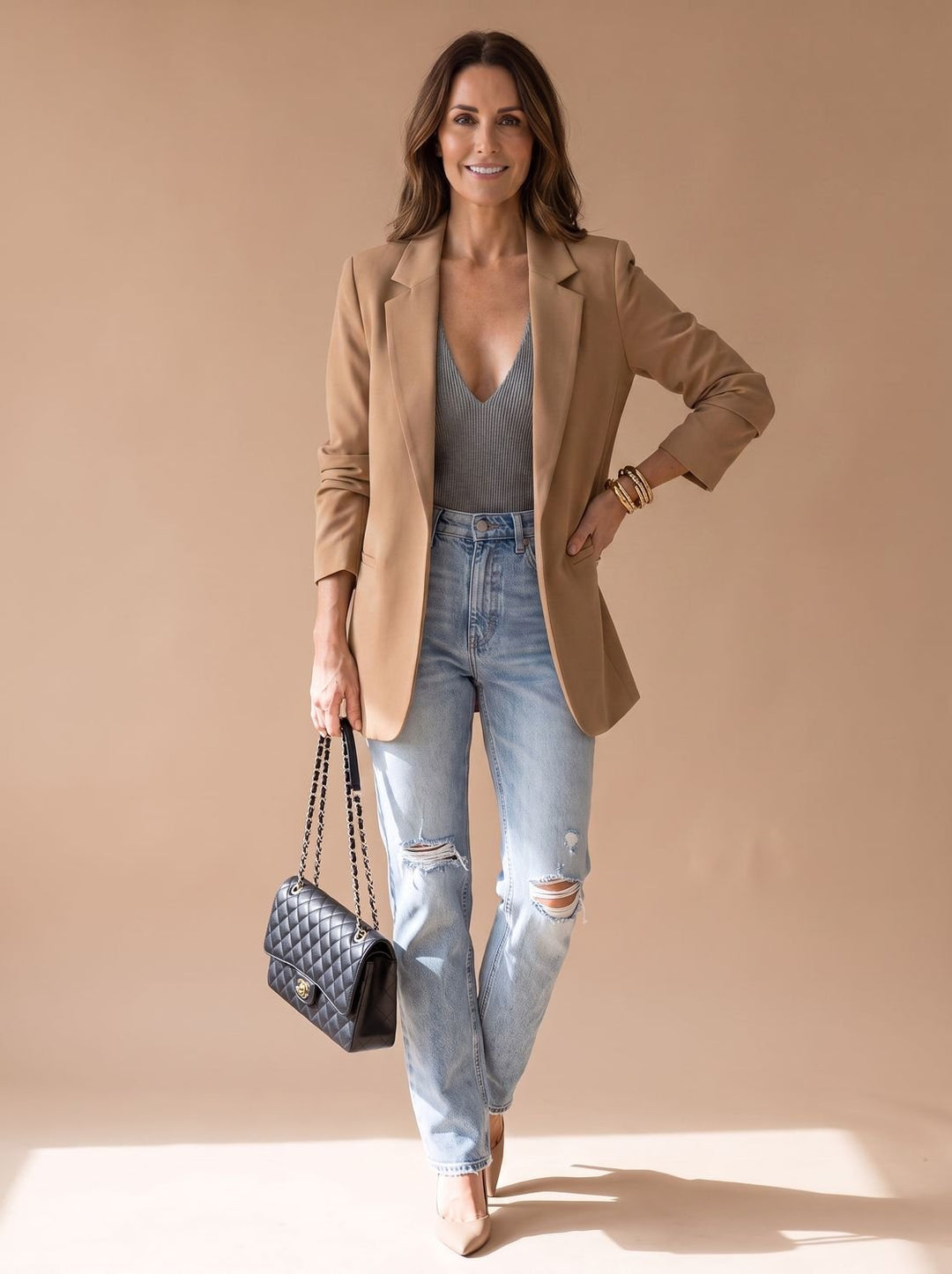 Women's Open-Front Lapel Mid-Length Casual Smart Blazer - Khaki