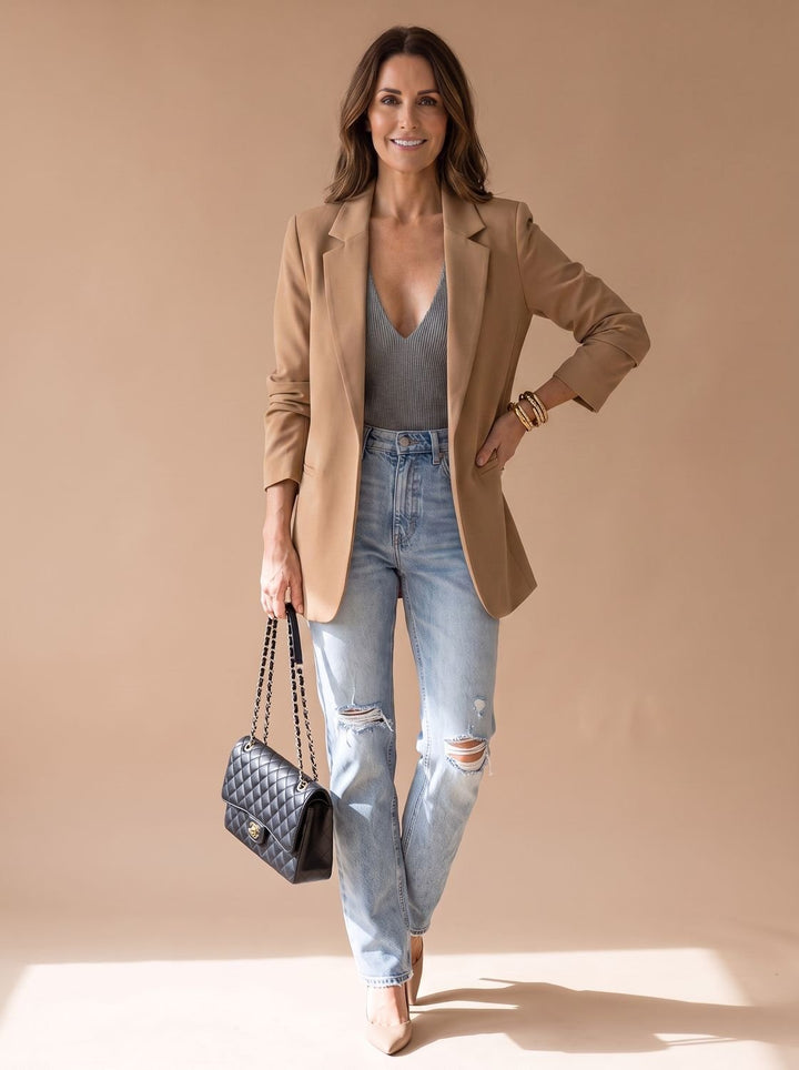 Women's Open-Front Lapel Mid-Length Casual Smart Blazer - Khaki