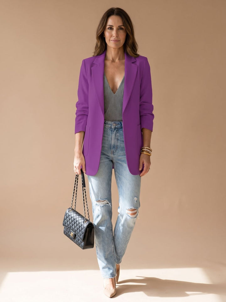 Women's Open-Front Lapel Mid-Length Casual Smart Blazer - Purple