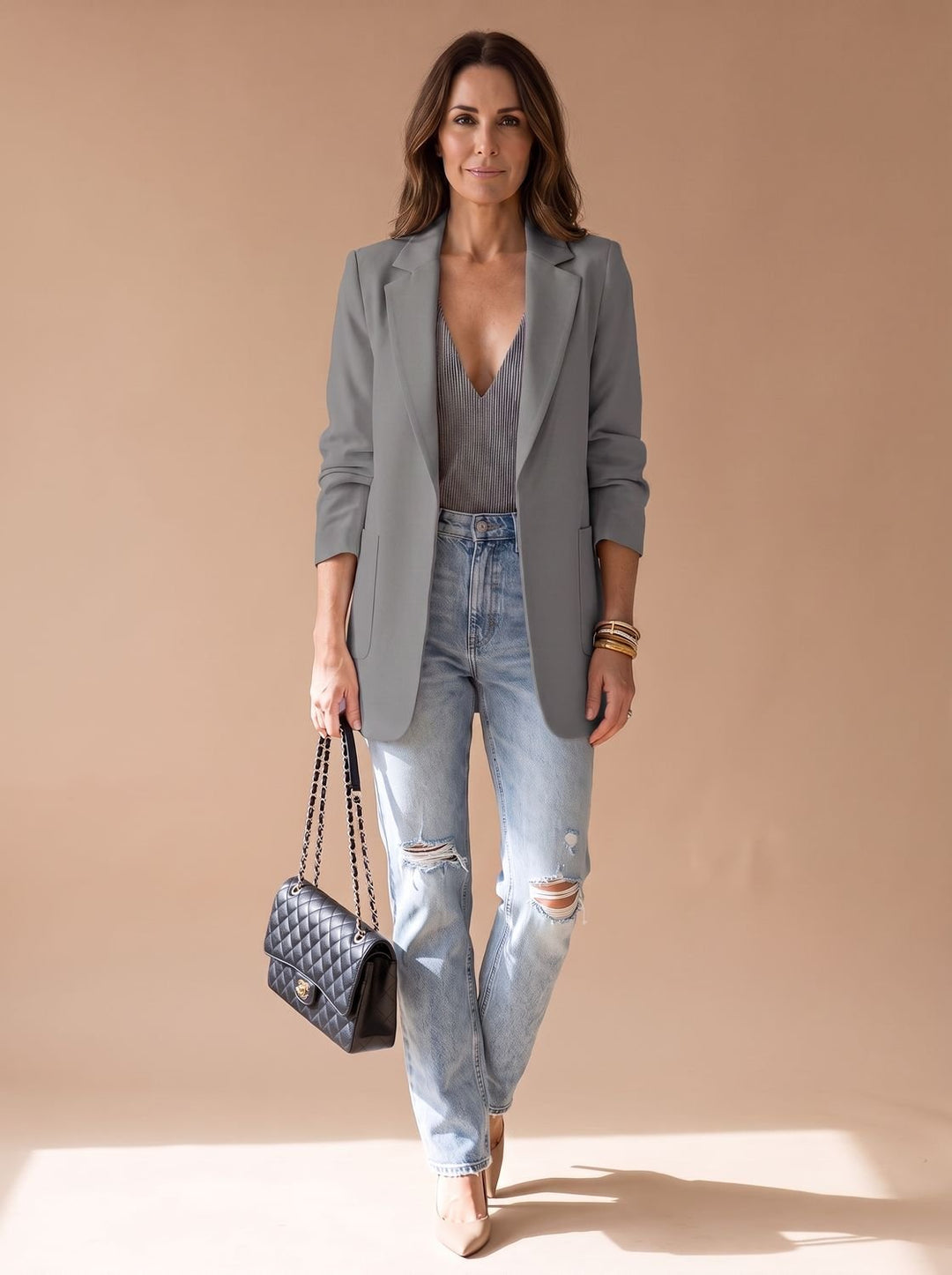 Women's Open-Front Lapel Mid-Length Casual Smart Blazer - Gray