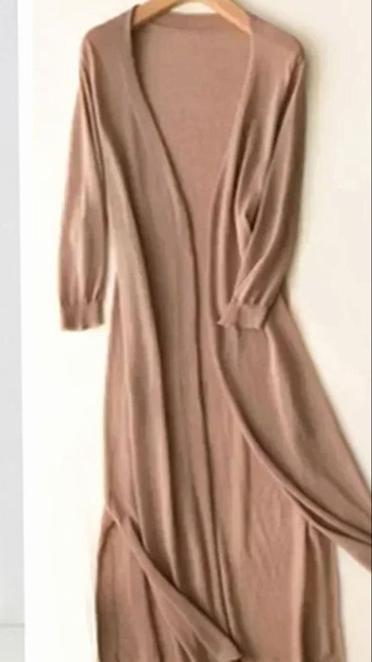 Women's Open-Front Long Cardigan Coatigan 3/4 Sleeve Side Slit - Cafe
