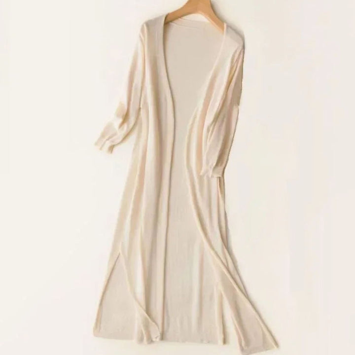 Women's Open-Front Long Cardigan Coatigan 3/4 Sleeve Side Slit - Apricot