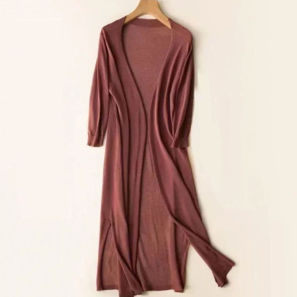 Women's Open-Front Long Cardigan Coatigan 3/4 Sleeve Side Slit - Pink