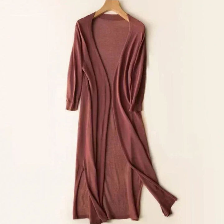 Women's Open-Front Long Cardigan Coatigan 3/4 Sleeve Side Slit - Pink