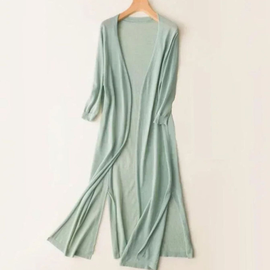 Women's Open-Front Long Cardigan Coatigan 3/4 Sleeve Side Slit - Green