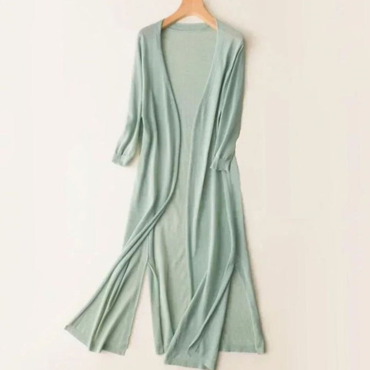 Women's Open-Front Long Cardigan Coatigan 3/4 Sleeve Side Slit - Green