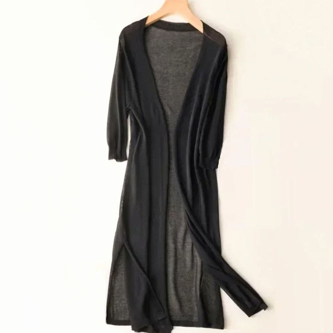 Women's Open-Front Long Cardigan Coatigan 3/4 Sleeve Side Slit - Black