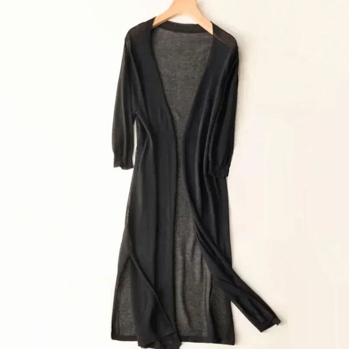 Women's Open-Front Long Cardigan Coatigan 3/4 Sleeve Side Slit - Black