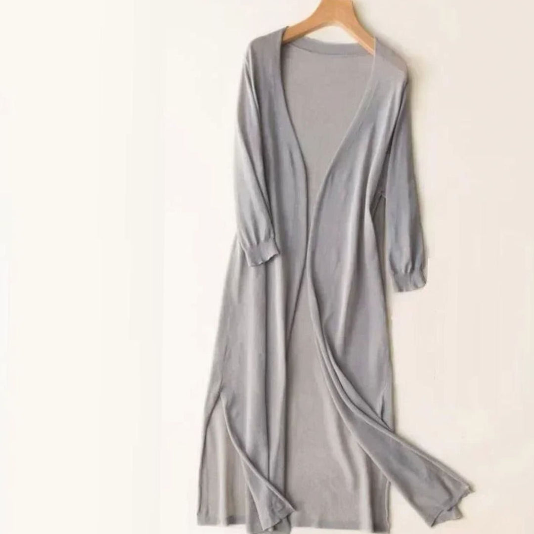 Women's Open-Front Long Cardigan Coatigan 3/4 Sleeve Side Slit - Gray
