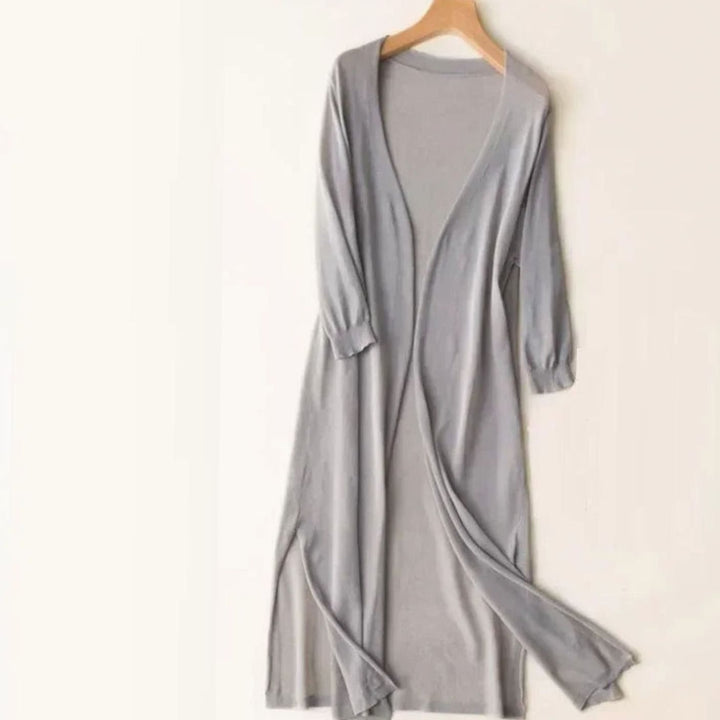Women's Open-Front Long Cardigan Coatigan 3/4 Sleeve Side Slit - Gray