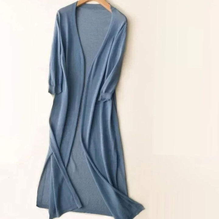 Women's Open-Front Long Cardigan Coatigan 3/4 Sleeve Side Slit - Blue