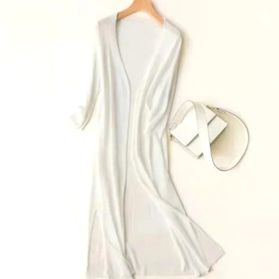 Women's Open-Front Long Cardigan Coatigan 3/4 Sleeve Side Slit - White