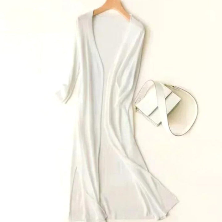 Women's Open-Front Long Cardigan Coatigan 3/4 Sleeve Side Slit - White