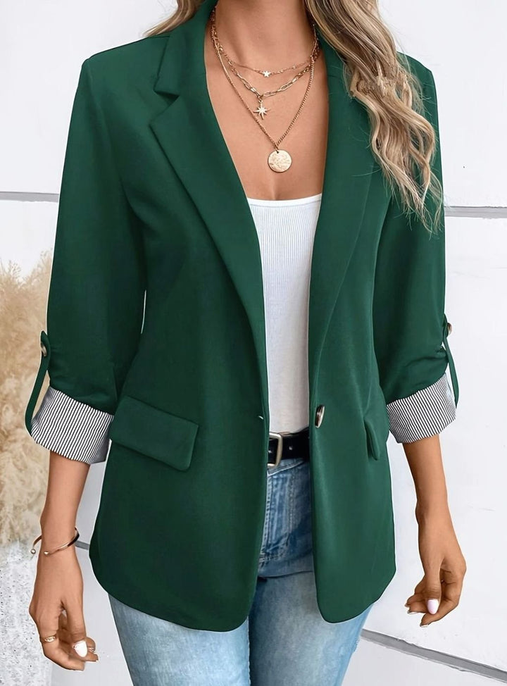 Women's Open-Front Long-Sleeve Striped-Cuff Office Blazer - Green