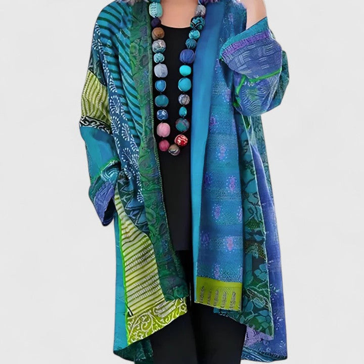 Women's Open-Front Patchwork Print Long Cardigan - Blue