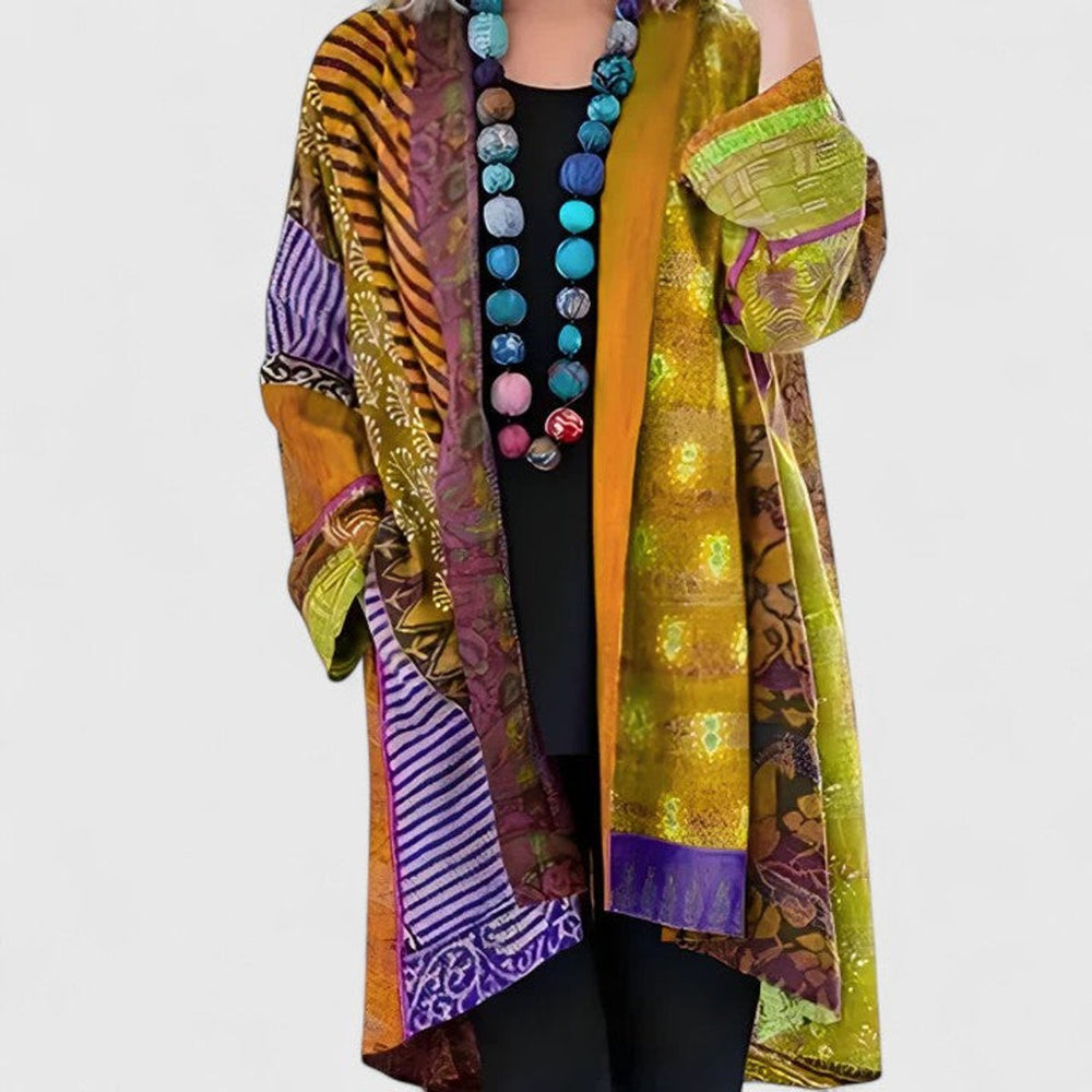 Women's Open-Front Patchwork Print Long Cardigan - Yellow