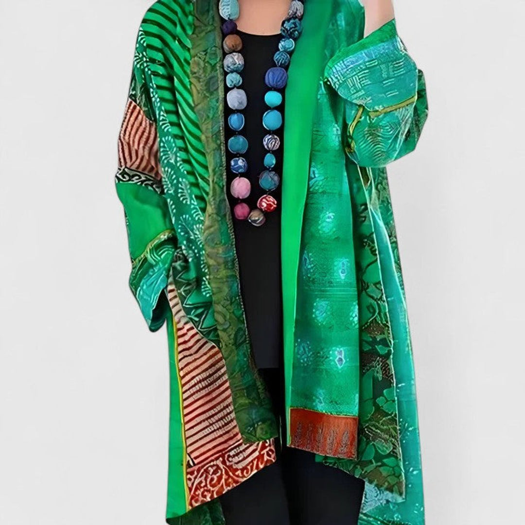 Women's Open-Front Patchwork Print Long Cardigan - Green