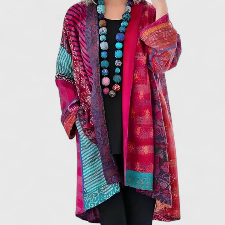 Women's Open-Front Patchwork Print Long Cardigan - Pink