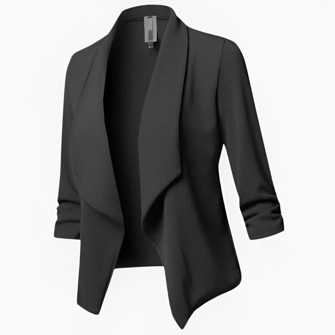 Women's Open-Front Ruched-Sleeve Casual Office Blazer - Black