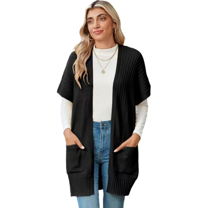 Women's Open-Front Short-Sleeve Knit Cardigan Sweater Pockets - Black