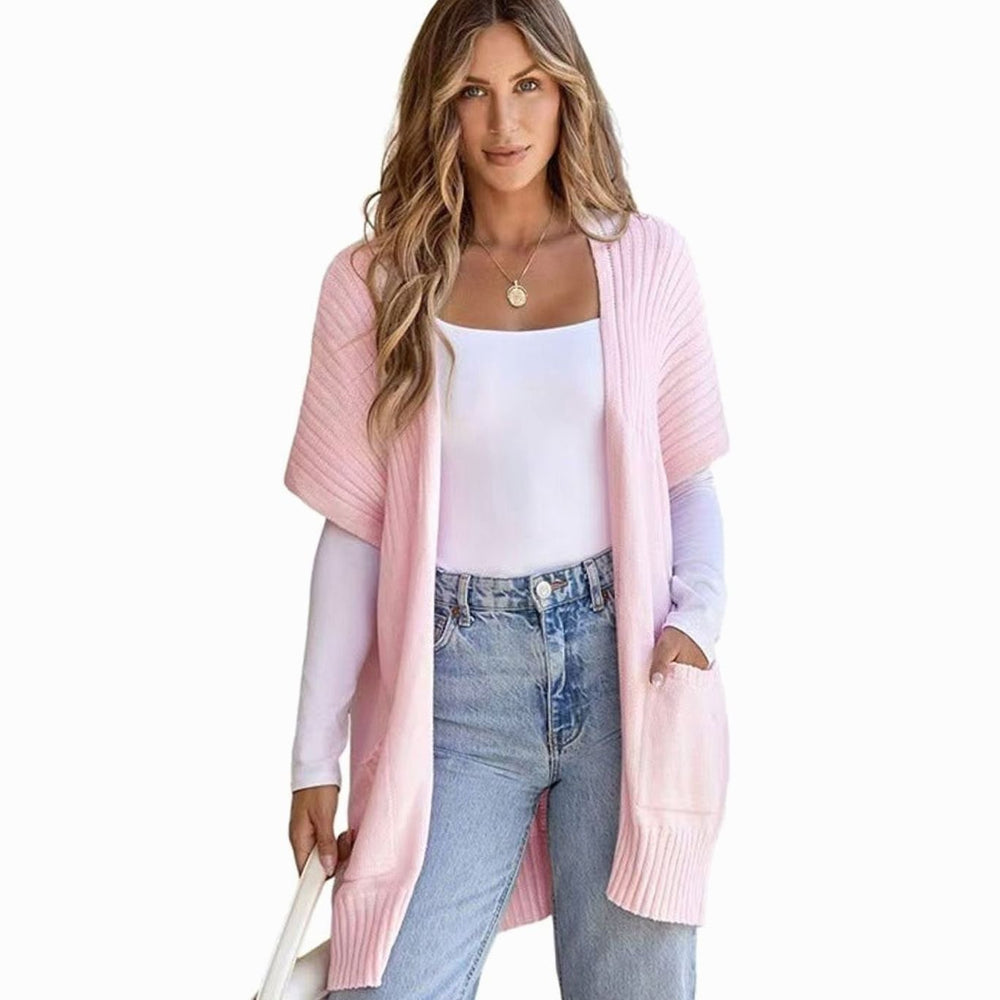 Women's Open-Front Short-Sleeve Knit Cardigan Sweater Pockets - Pink