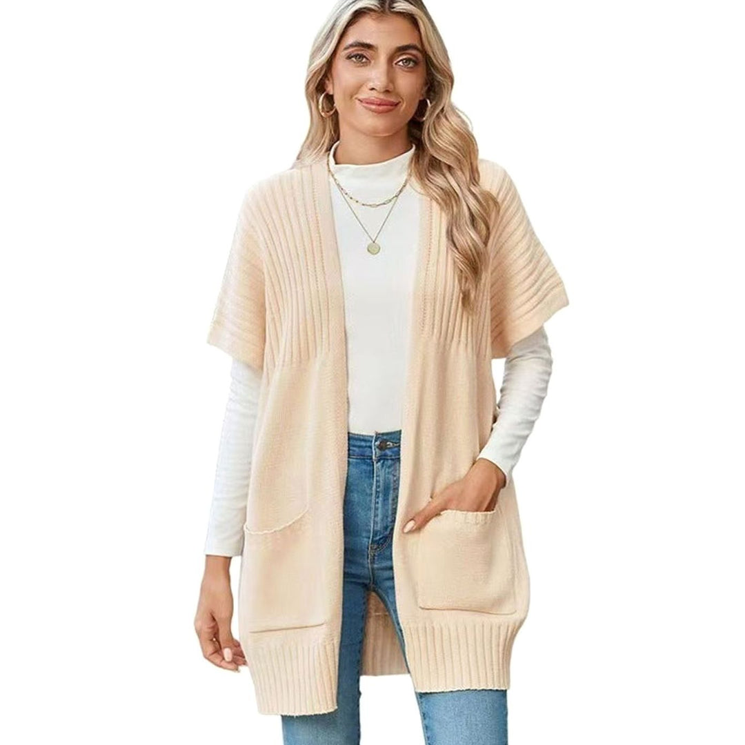 Women's Open-Front Short-Sleeve Knit Cardigan Sweater Pockets - Apricot