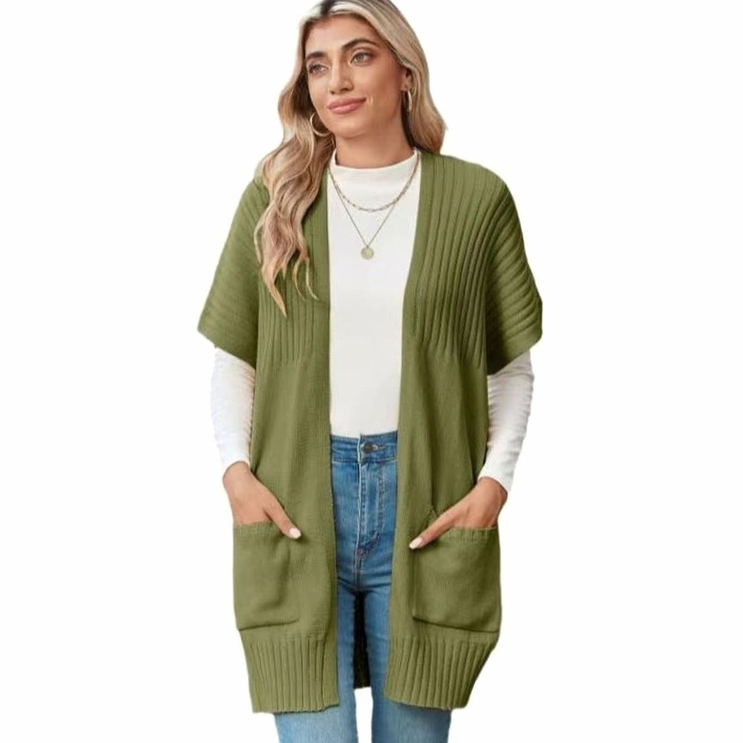 Women's Open-Front Short-Sleeve Knit Cardigan Sweater Pockets - Army Green