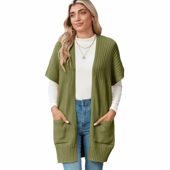 Women's Open-Front Short-Sleeve Knit Cardigan Sweater Pockets - Army Green
